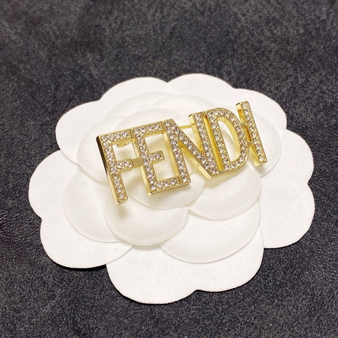 Fendi Fendi Logo Letter Brooch brooch gold-tone metal with clear crystal pave silver-tone metal with clear crystal pave 3 5cm width