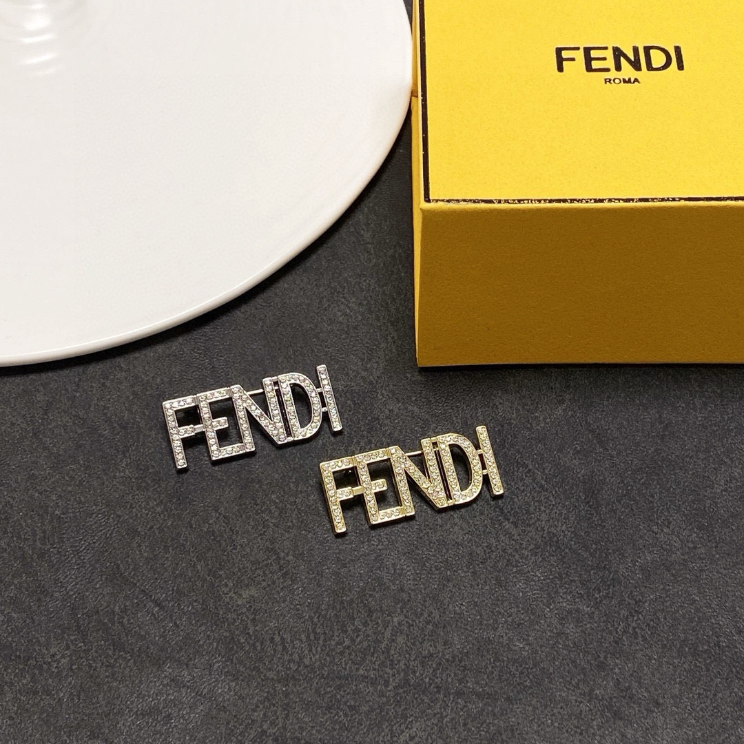 Fendi Fendi Logo Letter Brooch brooch gold-tone metal with clear crystal pave silver-tone metal with clear crystal pave 3 5cm width