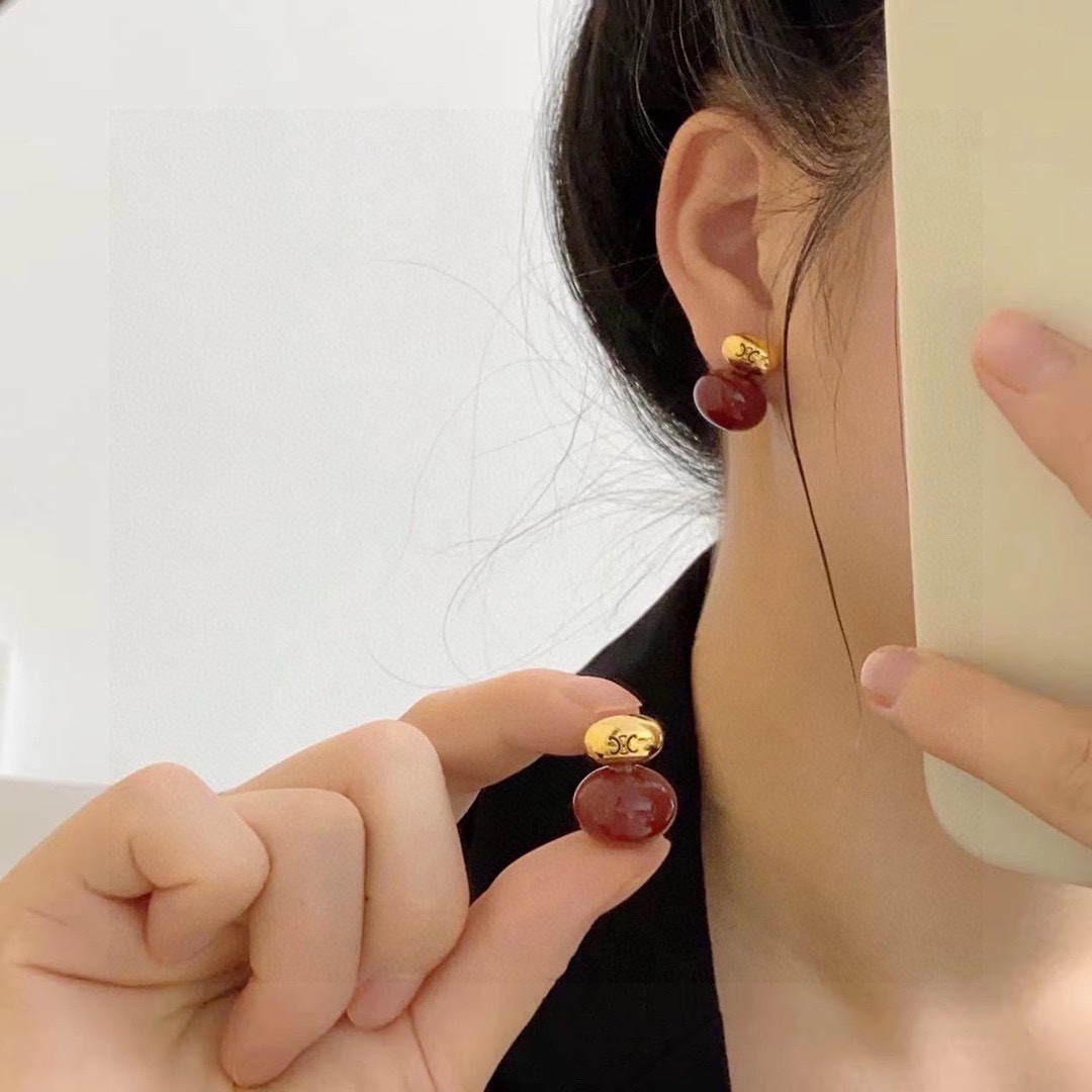 Celine Triomphe Red Resin Double Ball Stud Earrings earrings gold-tone metal deep red resin 1 5cm drop length