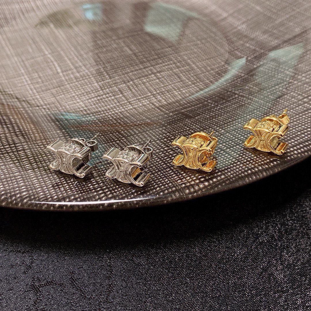 Celine Triomphe earrings Gold-tone metal Silver-tone metal with clear crystal pave 1cm stud diameter