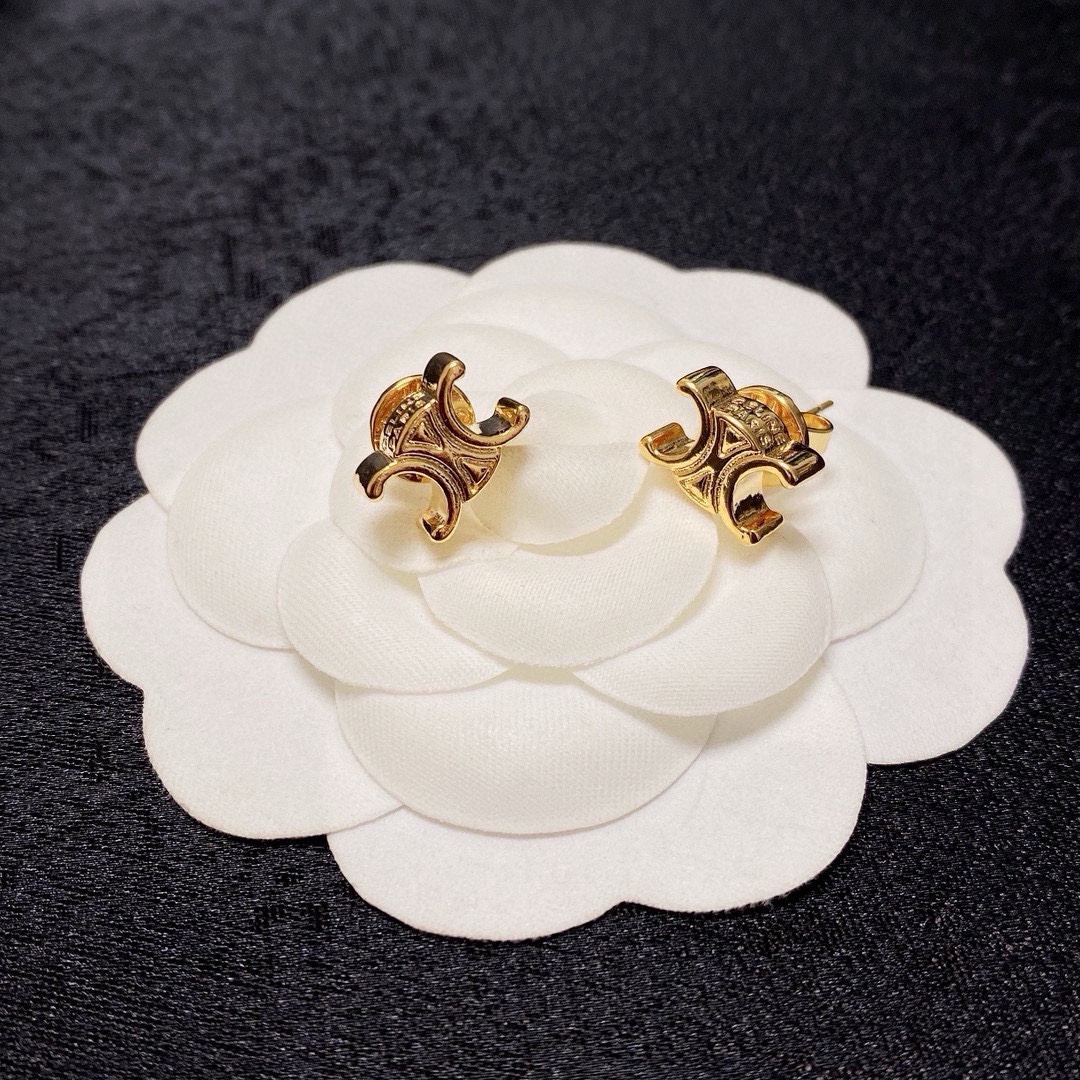 Celine Triomphe earrings Gold-tone metal Silver-tone metal with clear crystal pave 1cm stud diameter