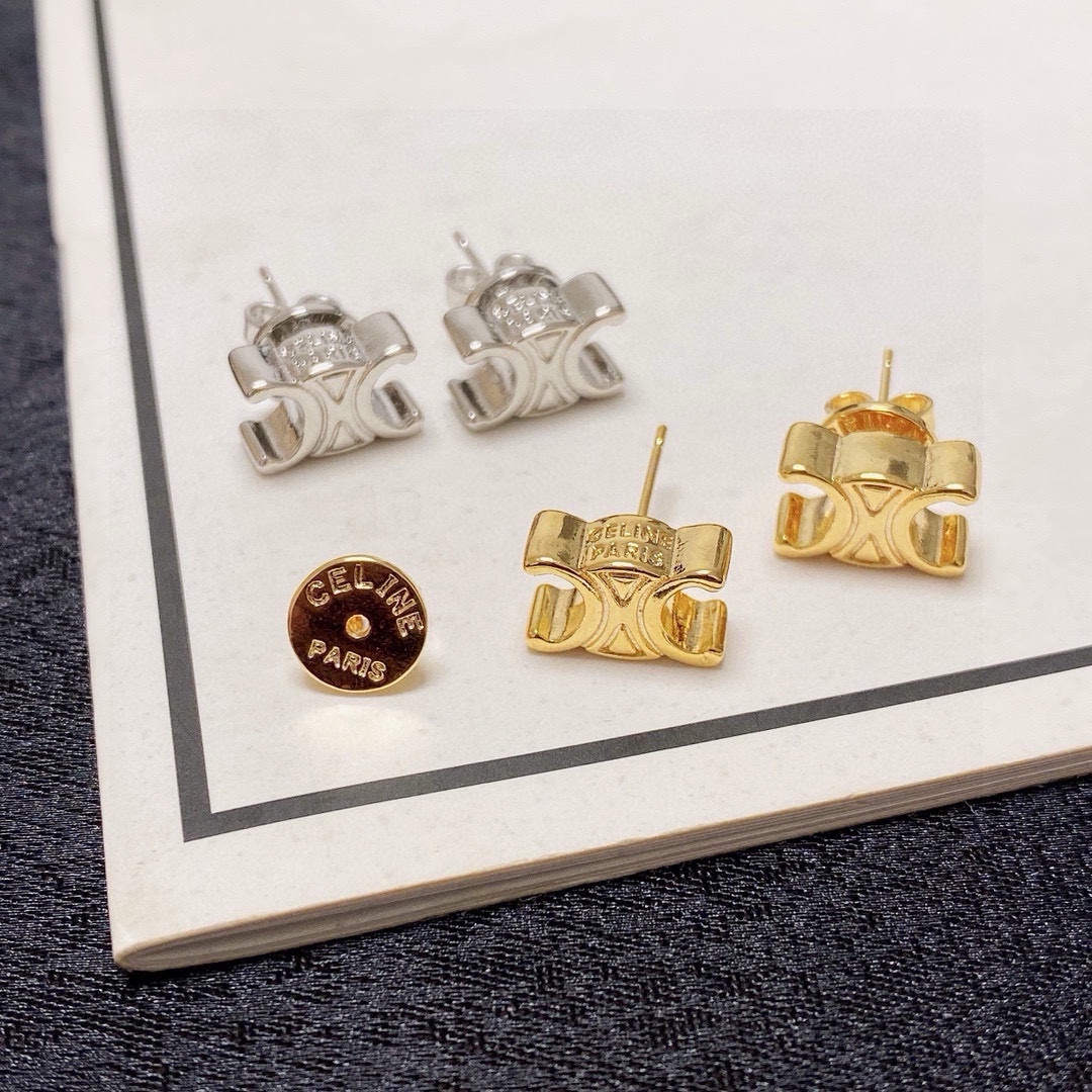 Celine Triomphe earrings Gold-tone metal Silver-tone metal with clear crystal pave 1cm stud diameter