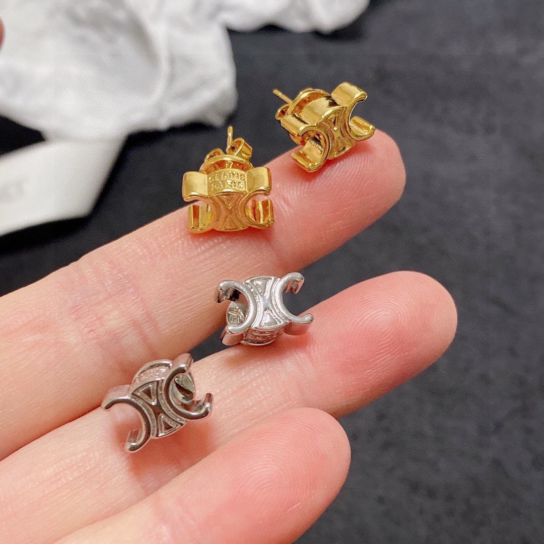 Celine Triomphe earrings Gold-tone metal Silver-tone metal with clear crystal pave 1cm stud diameter