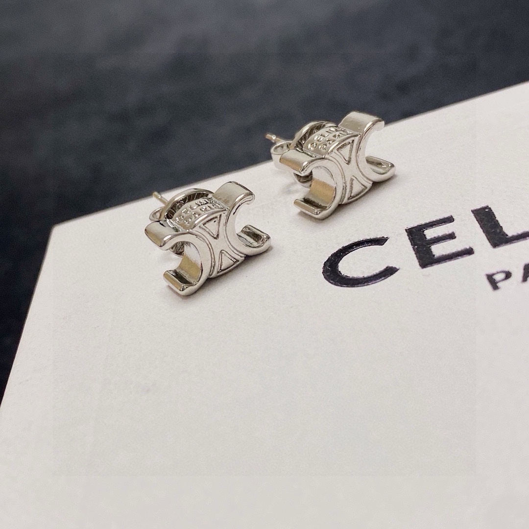 Celine Triomphe earrings Gold-tone metal Silver-tone metal with clear crystal pave 1cm stud diameter