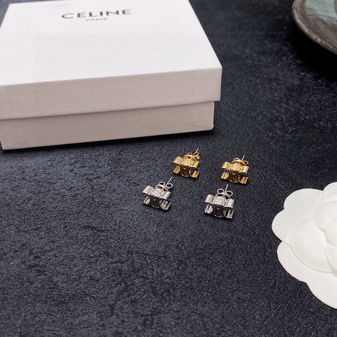Celine Triomphe earrings Gold-tone metal Silver-tone metal with clear crystal pave 1cm stud diameter