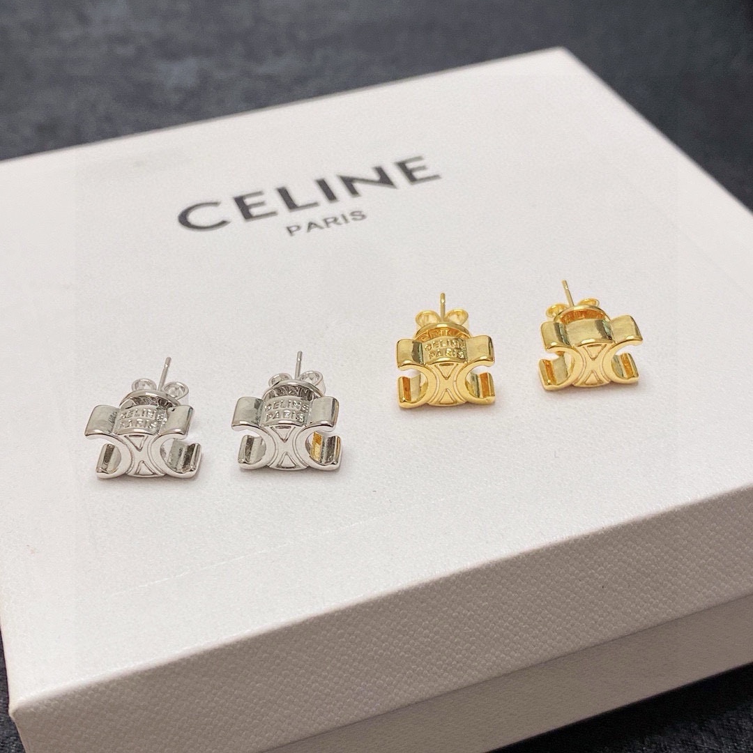 Celine Triomphe earrings Gold-tone metal Silver-tone metal with clear crystal pave 1cm stud diameter