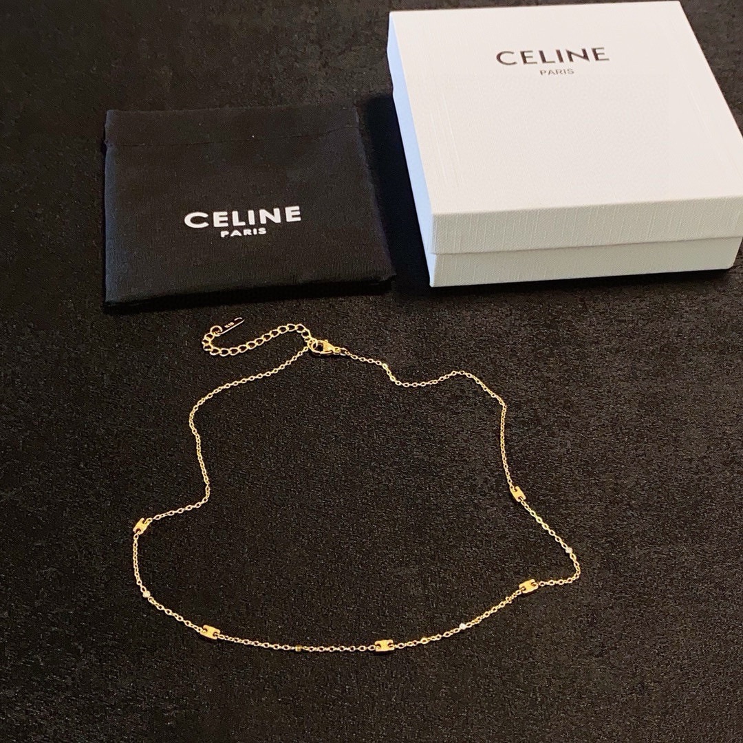Celine Triomphe necklace gold-tone metal with clear crystal accents 40cm