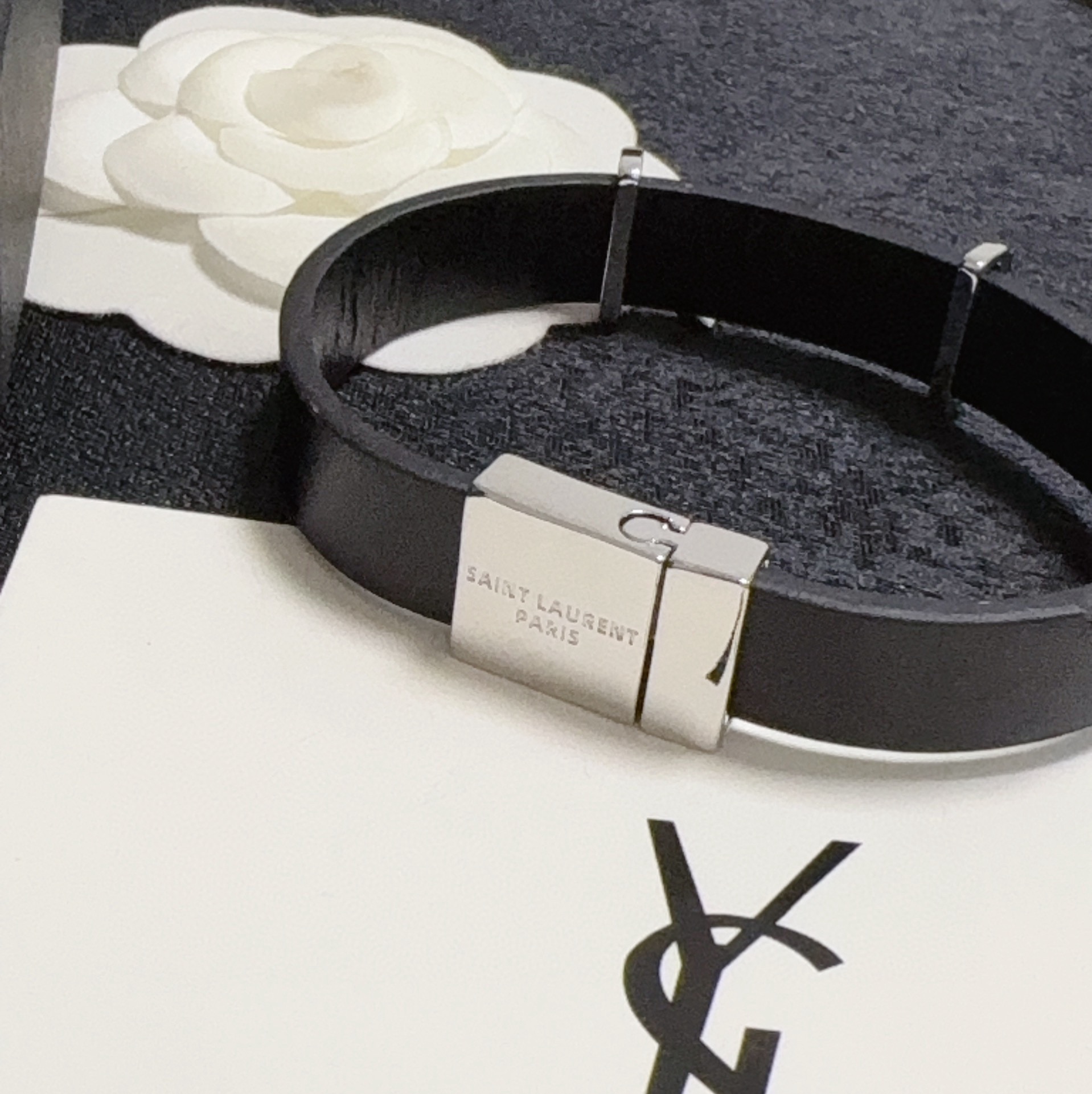 Saint Laurent Cassandre YSL Logo Leather Bracelet bracelet Black leather with silver-tone metal hardware variant with gold-tone metal hardware available 19cm