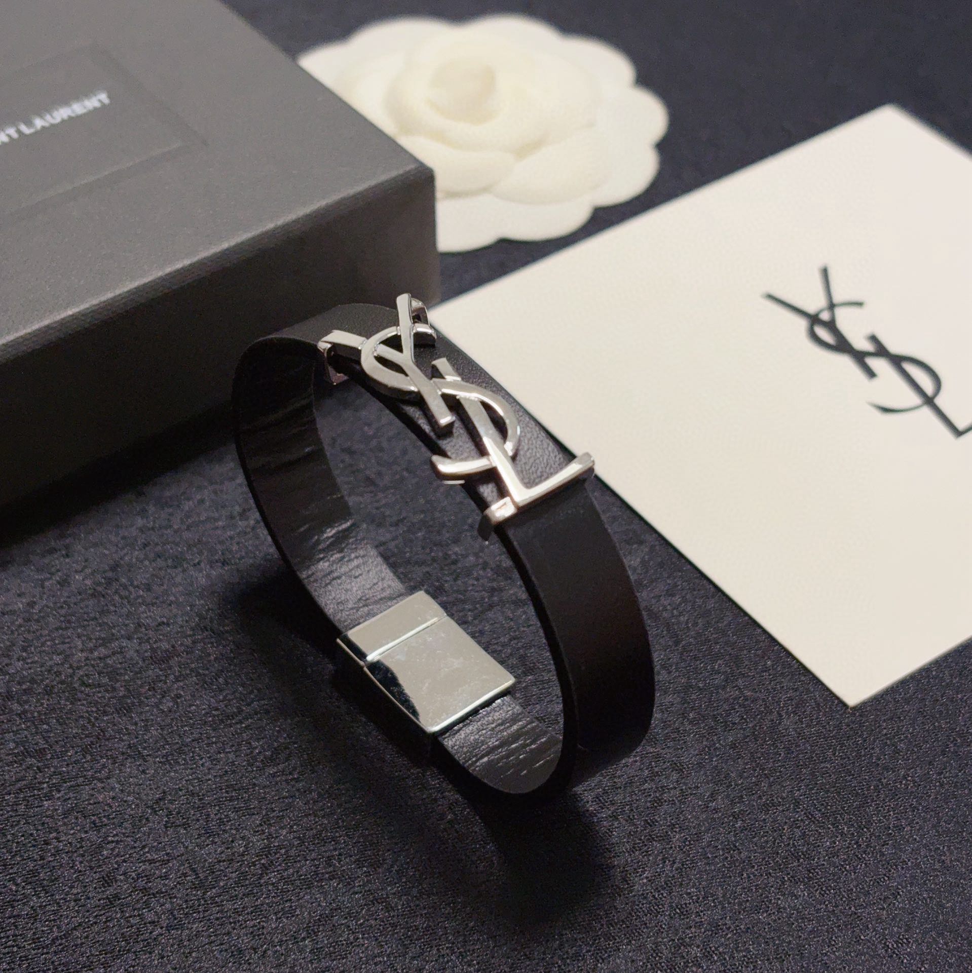 Saint Laurent Cassandre YSL Logo Leather Bracelet bracelet Black leather with silver-tone metal hardware variant with gold-tone metal hardware available 19cm