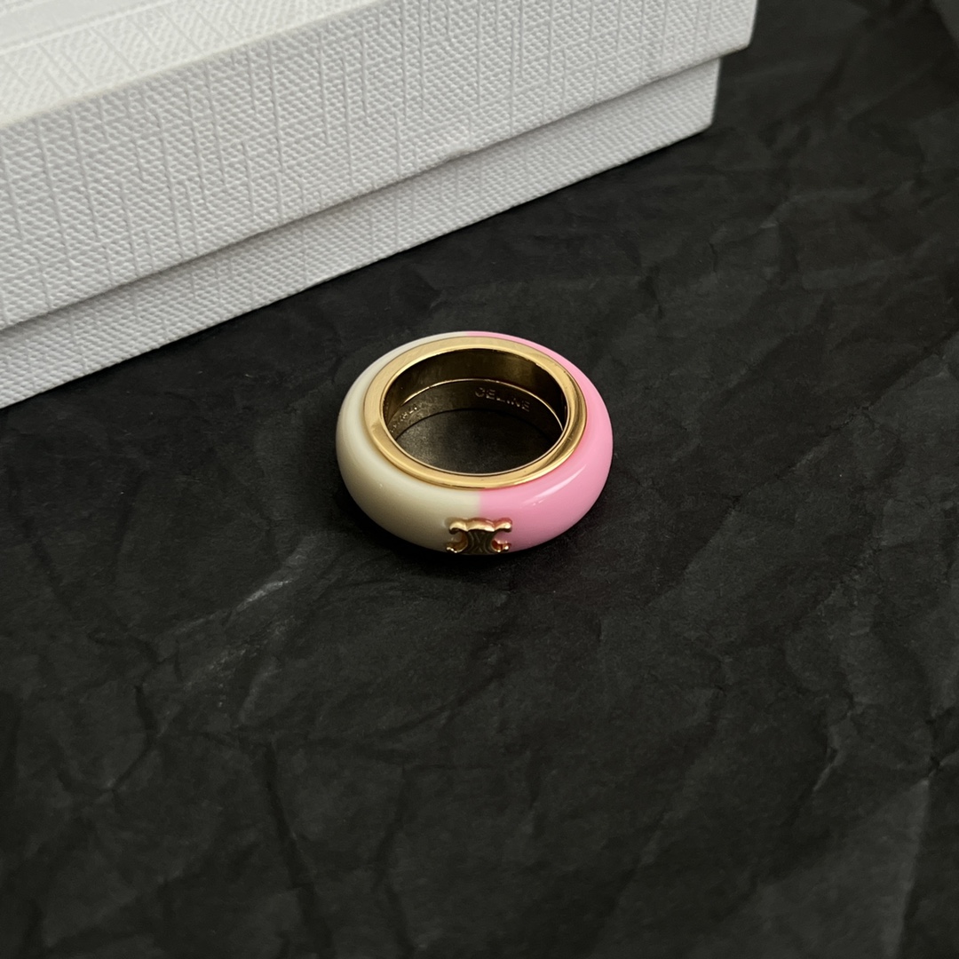 Celine Triomphe Resin Ring ring Gold-tone metal with ivory and pink resin EU 52