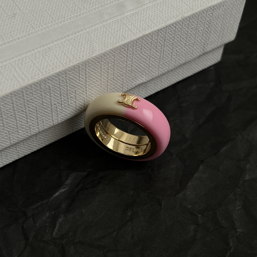 Celine Triomphe Resin Ring ring Gold-tone metal with ivory and pink resin EU 52