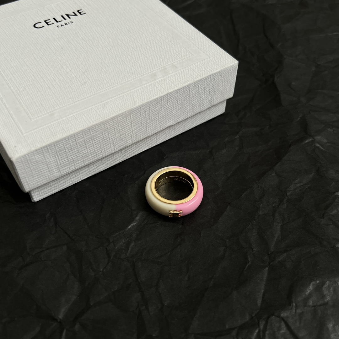 Celine Triomphe Resin Ring ring Gold-tone metal with ivory and pink resin EU 52
