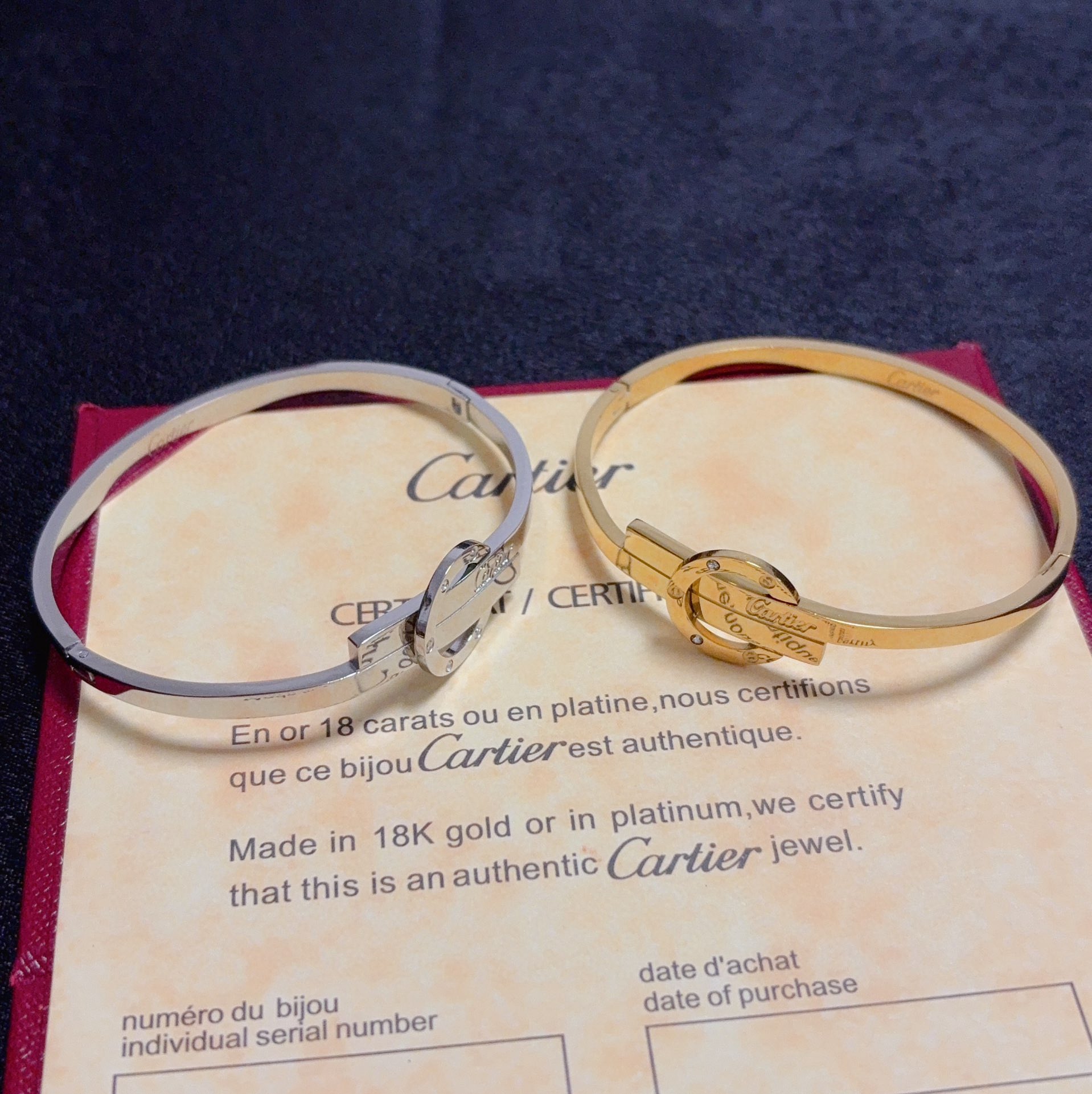 Cartier Love Signature Interlocking Bangle bracelet 18k yellow gold with clear diamond accents 17cm