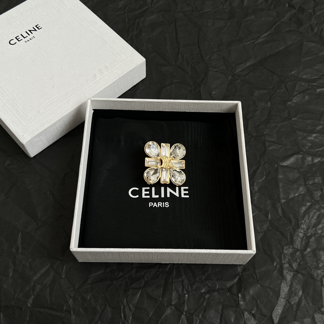 Celine Triomphe Crystal Flower brooch gold-tone metal with clear faceted crystals 2 5cm diameter