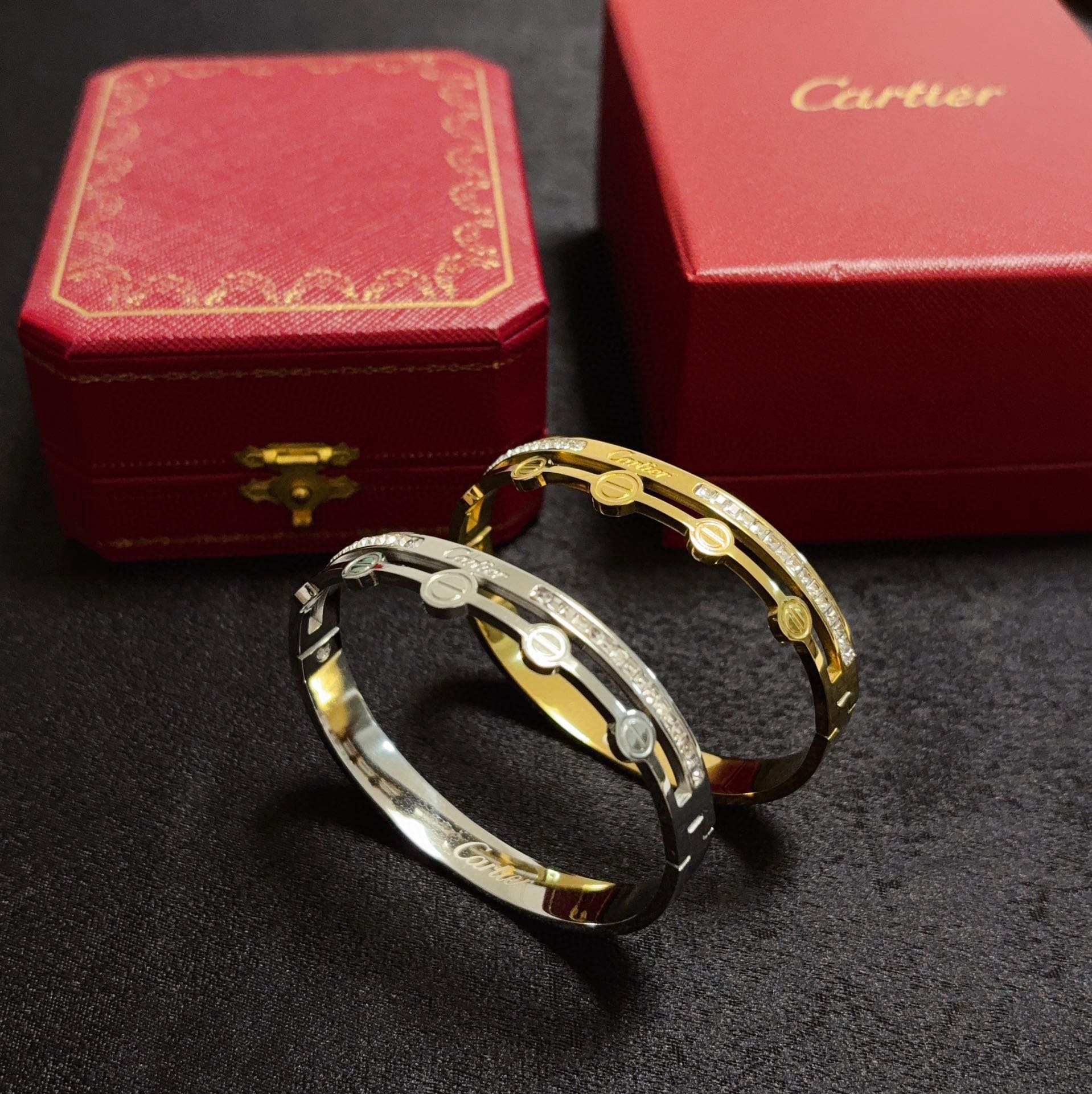 Cartier Love bracelet 18k yellow gold with clear diamond accents 18k white gold with clear diamond accents 17