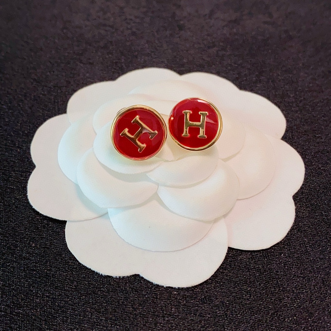 Orecchini Hermes H Logo Round Stud orecchini in metallo color oro con smalto rosso diametro 12 mm