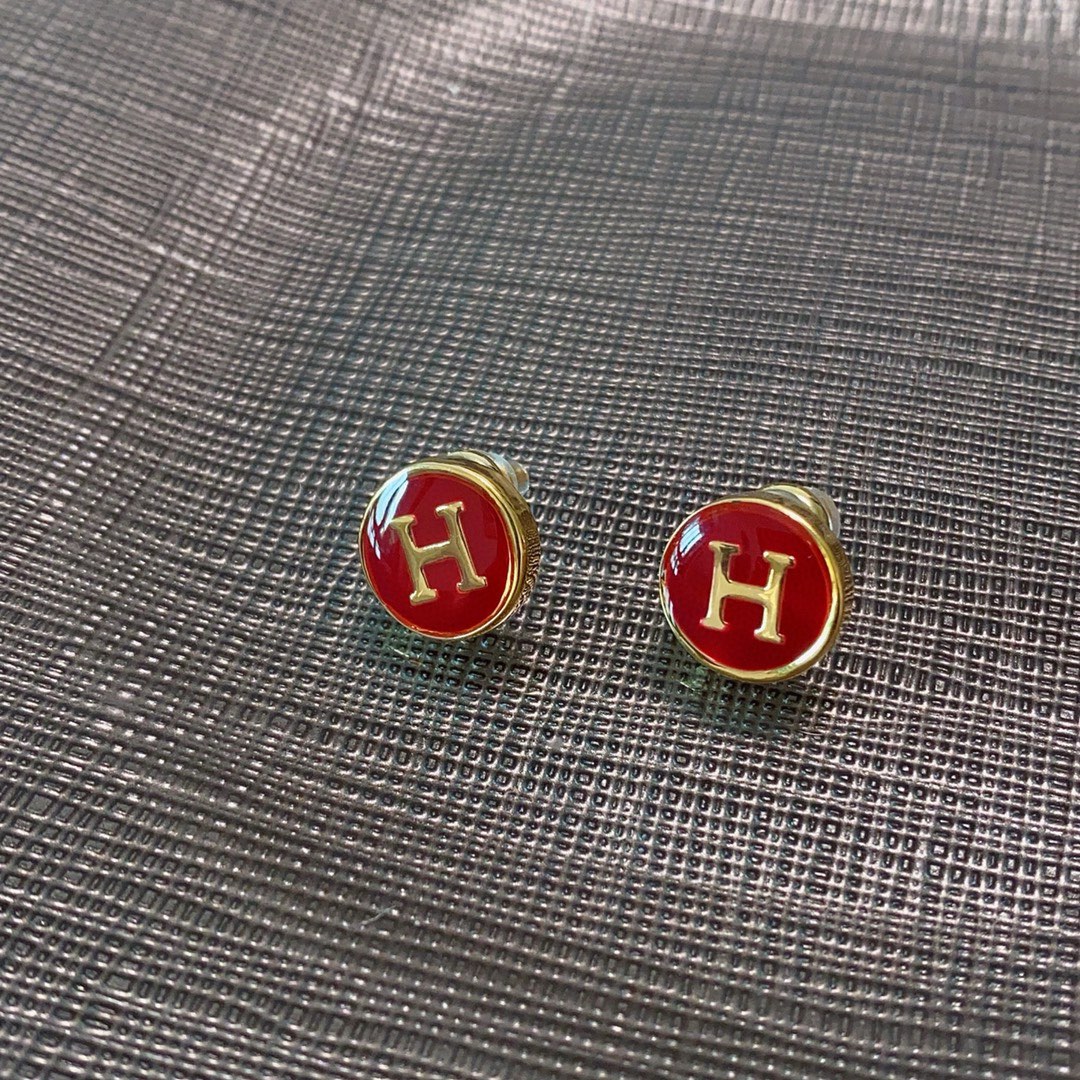 Orecchini Hermes H Logo Round Stud orecchini in metallo color oro con smalto rosso diametro 12 mm