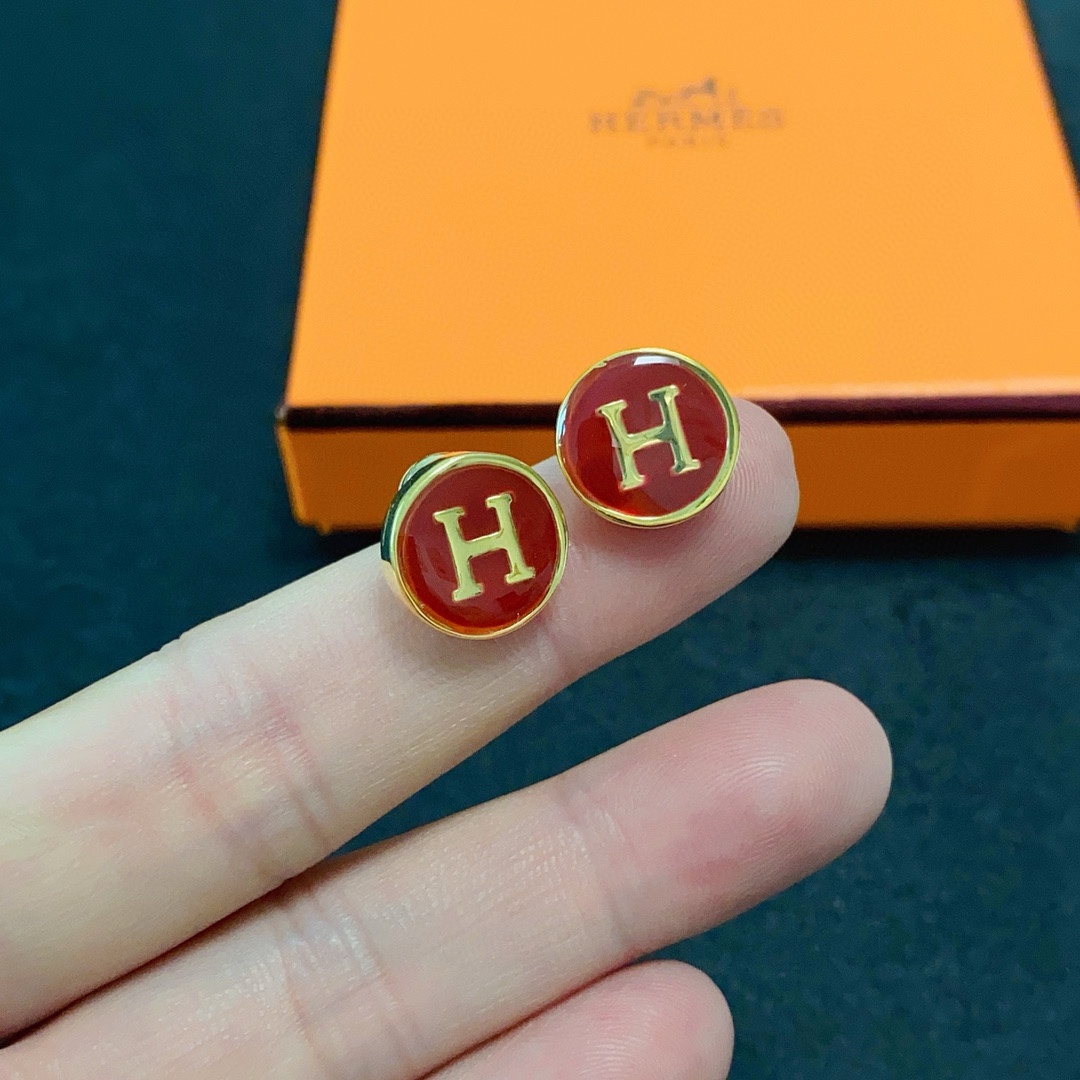 Orecchini Hermes H Logo Round Stud orecchini in metallo color oro con smalto rosso diametro 12 mm
