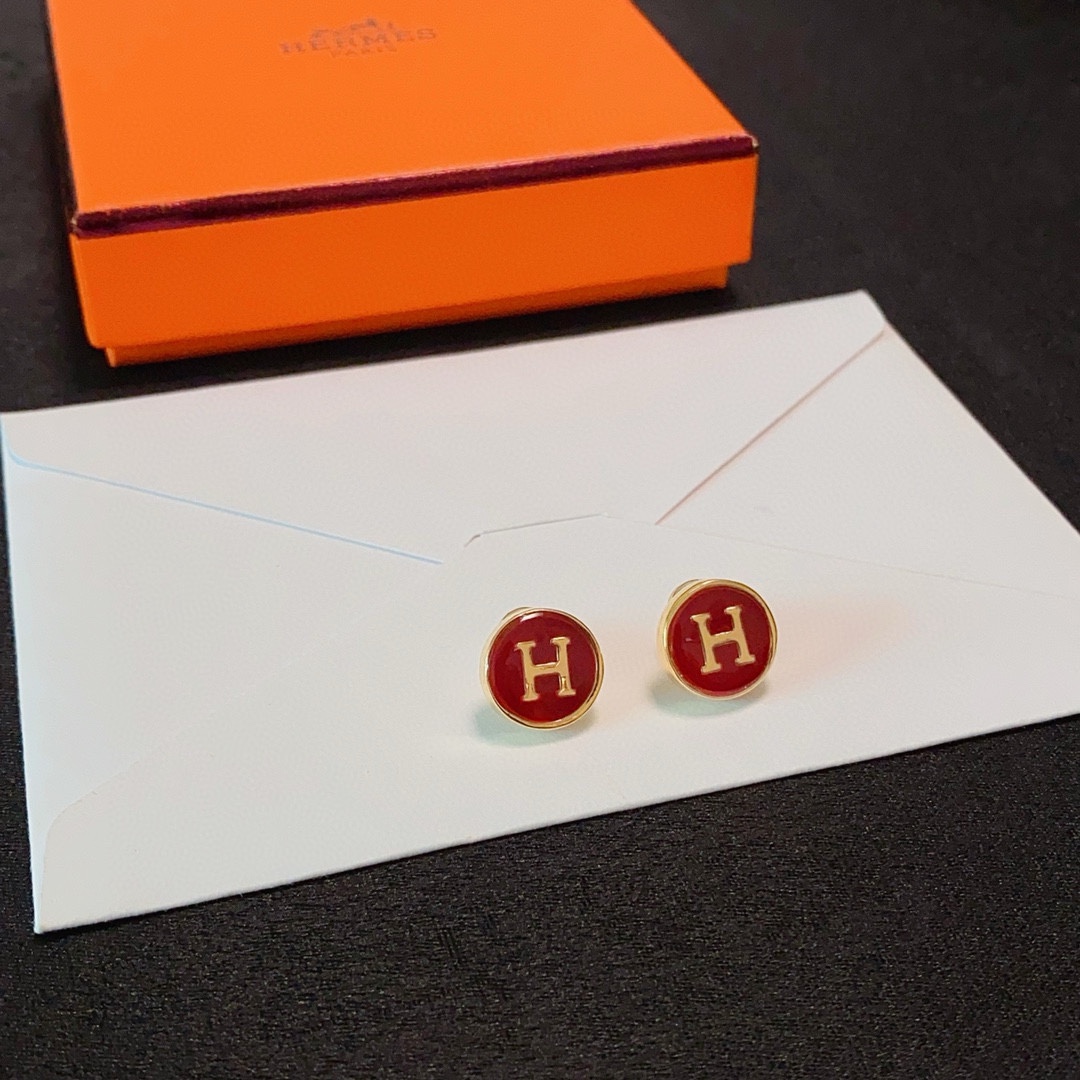 Orecchini Hermes H Logo Round Stud orecchini in metallo color oro con smalto rosso diametro 12 mm