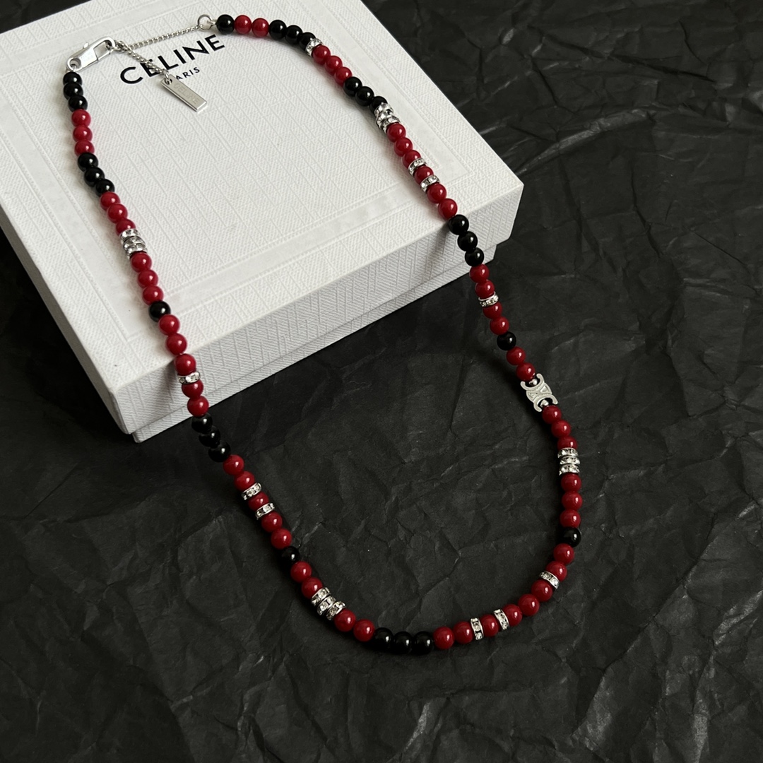 Celine Triomphe Beaded Necklace necklace Silver-toned metal with red and black beads accented with clear crystal rhinestones 45cm with 5cm extender chain
