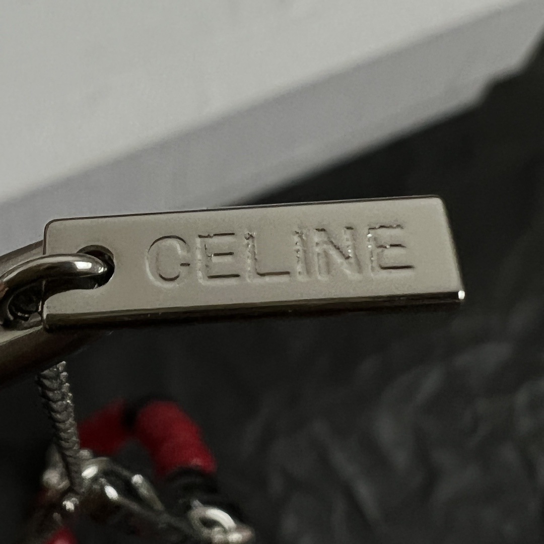 Celine Triomphe Beaded Necklace necklace Silver-toned metal with red and black beads accented with clear crystal rhinestones 45cm with 5cm extender chain