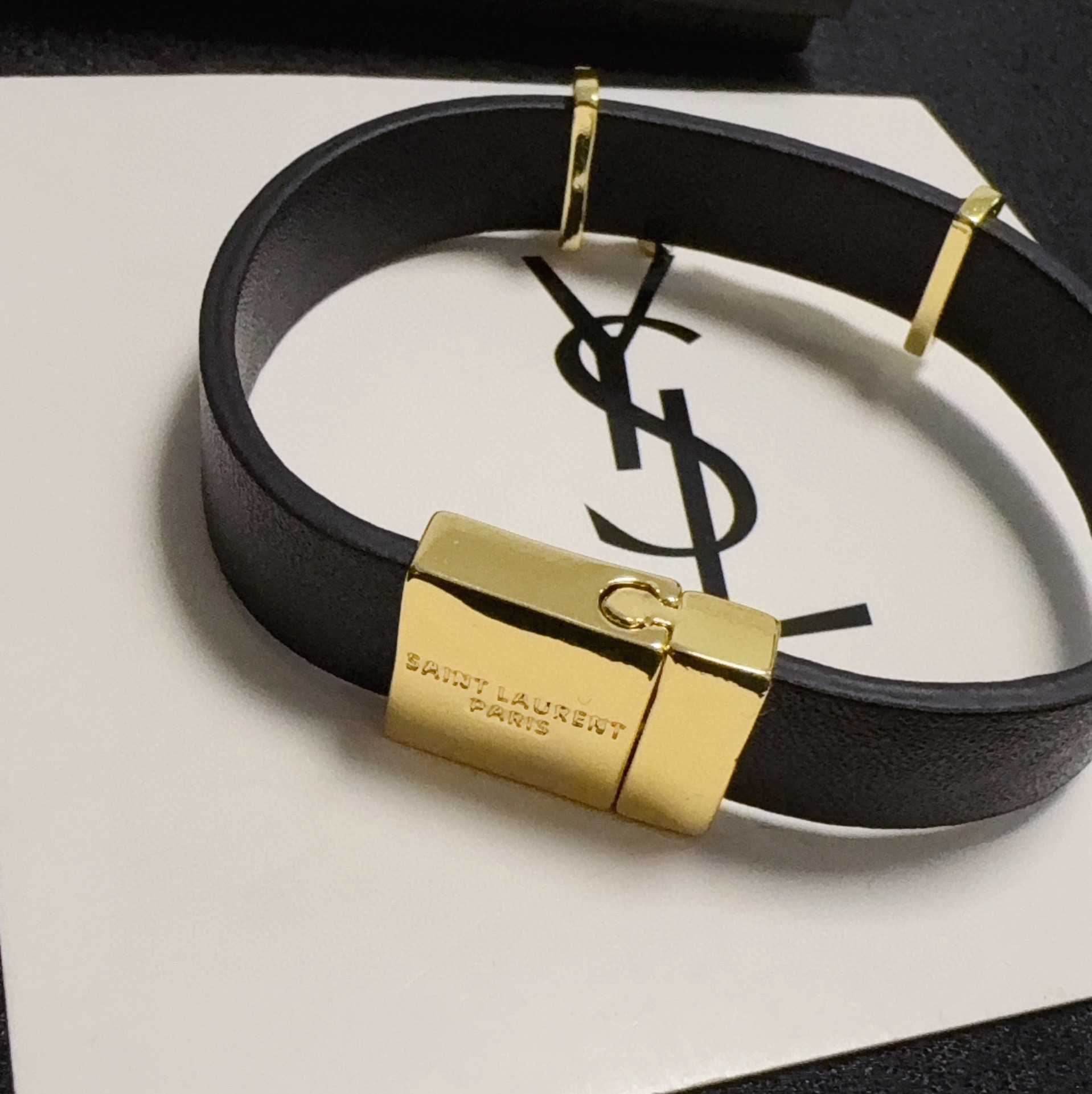 Saint Laurent Cassandre bracelet black leather gold-tone metal 17cm