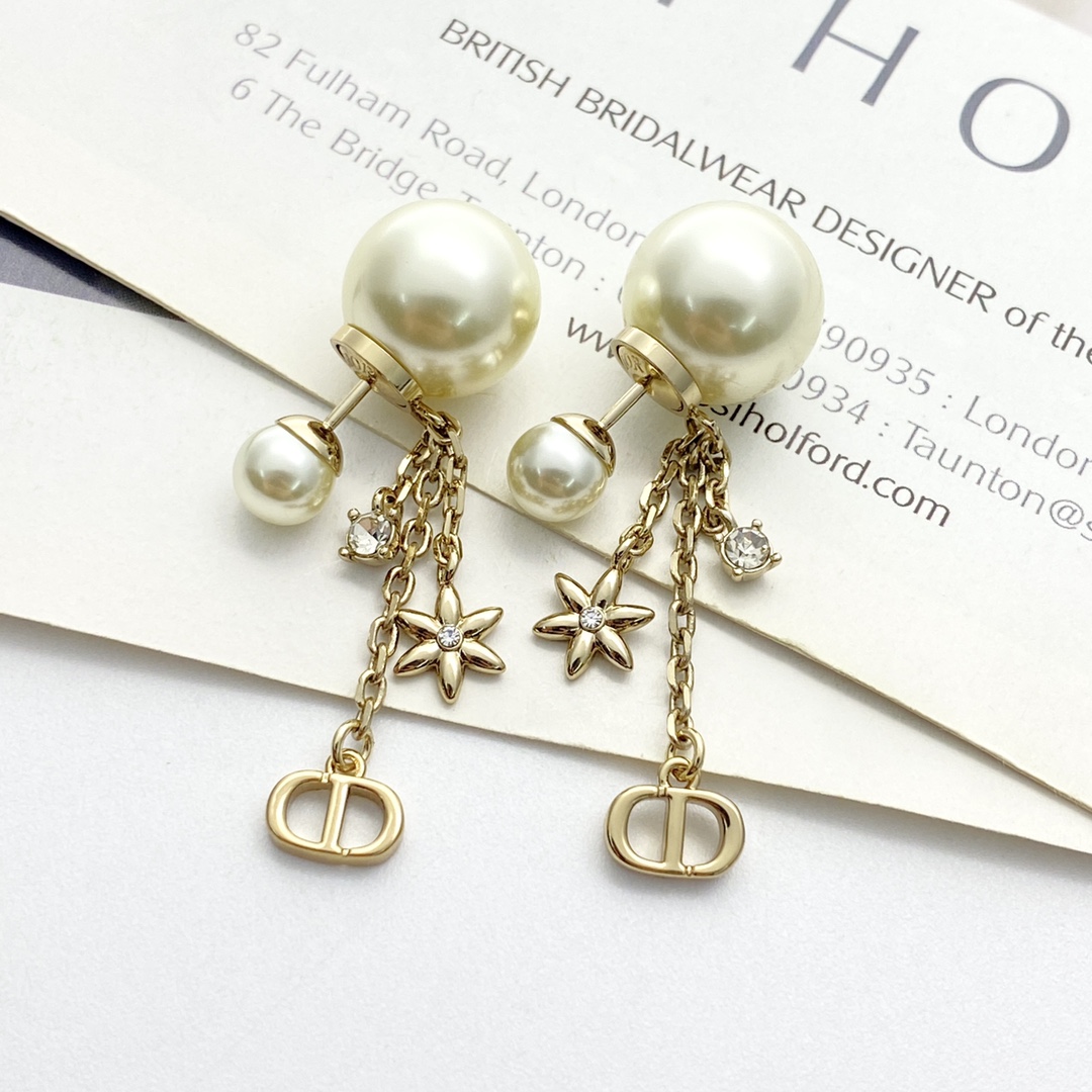 Dior Tribales earrings gold-tone metal cream white faux pearl clear crystal 2 5cm drop length