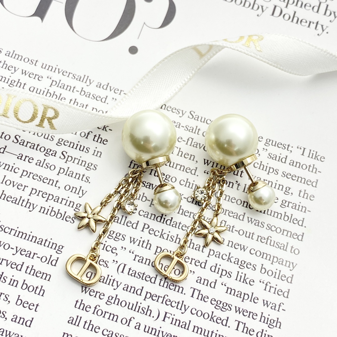 Dior Tribales earrings gold-tone metal cream white faux pearl clear crystal 2 5cm drop length