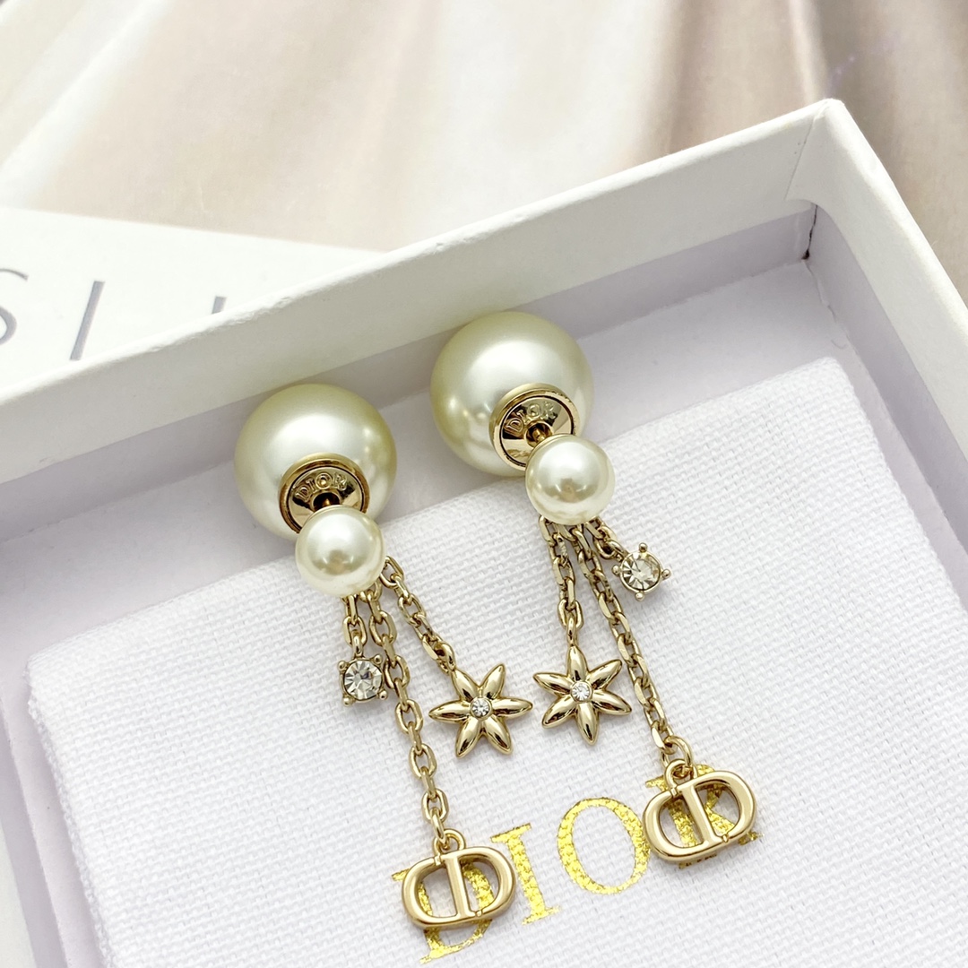 Dior Tribales earrings gold-tone metal cream white faux pearl clear crystal 2 5cm drop length