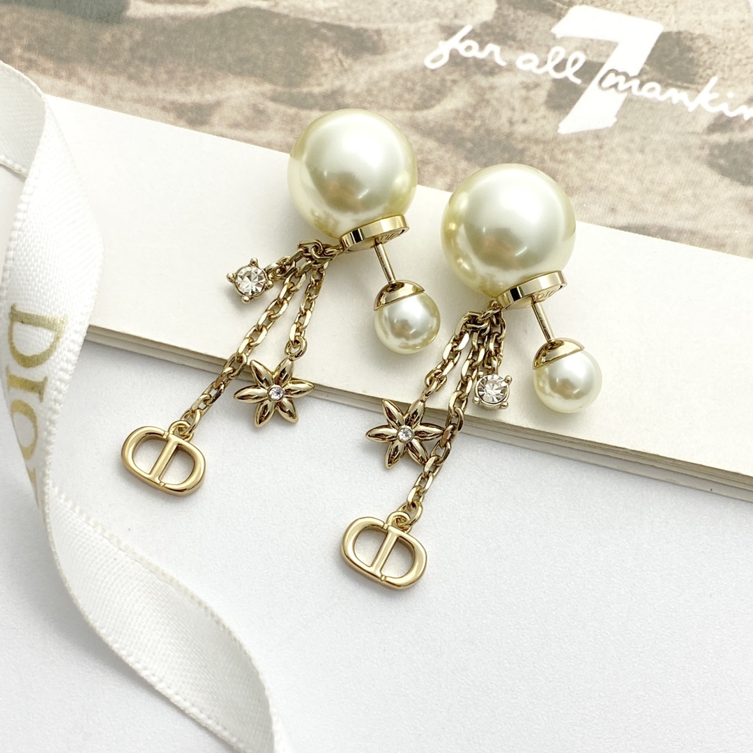 Dior Tribales earrings gold-tone metal cream white faux pearl clear crystal 2 5cm drop length