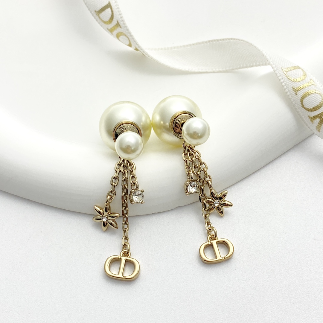 Dior Tribales earrings gold-tone metal cream white faux pearl clear crystal 2 5cm drop length