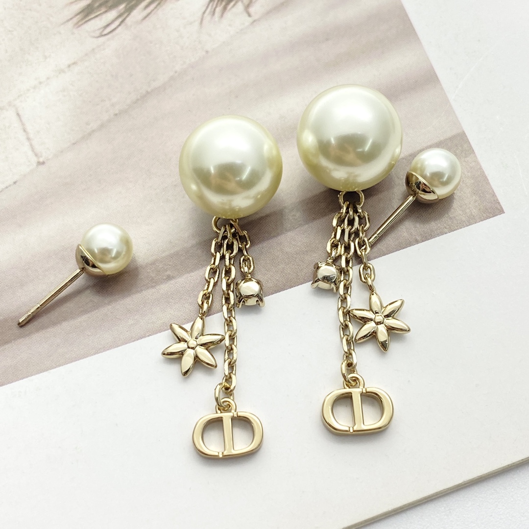 Dior Tribales earrings gold-tone metal cream white faux pearl clear crystal 2 5cm drop length