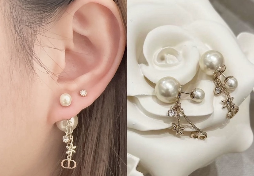 Dior Tribales earrings gold-tone metal cream white faux pearl clear crystal 2 5cm drop length