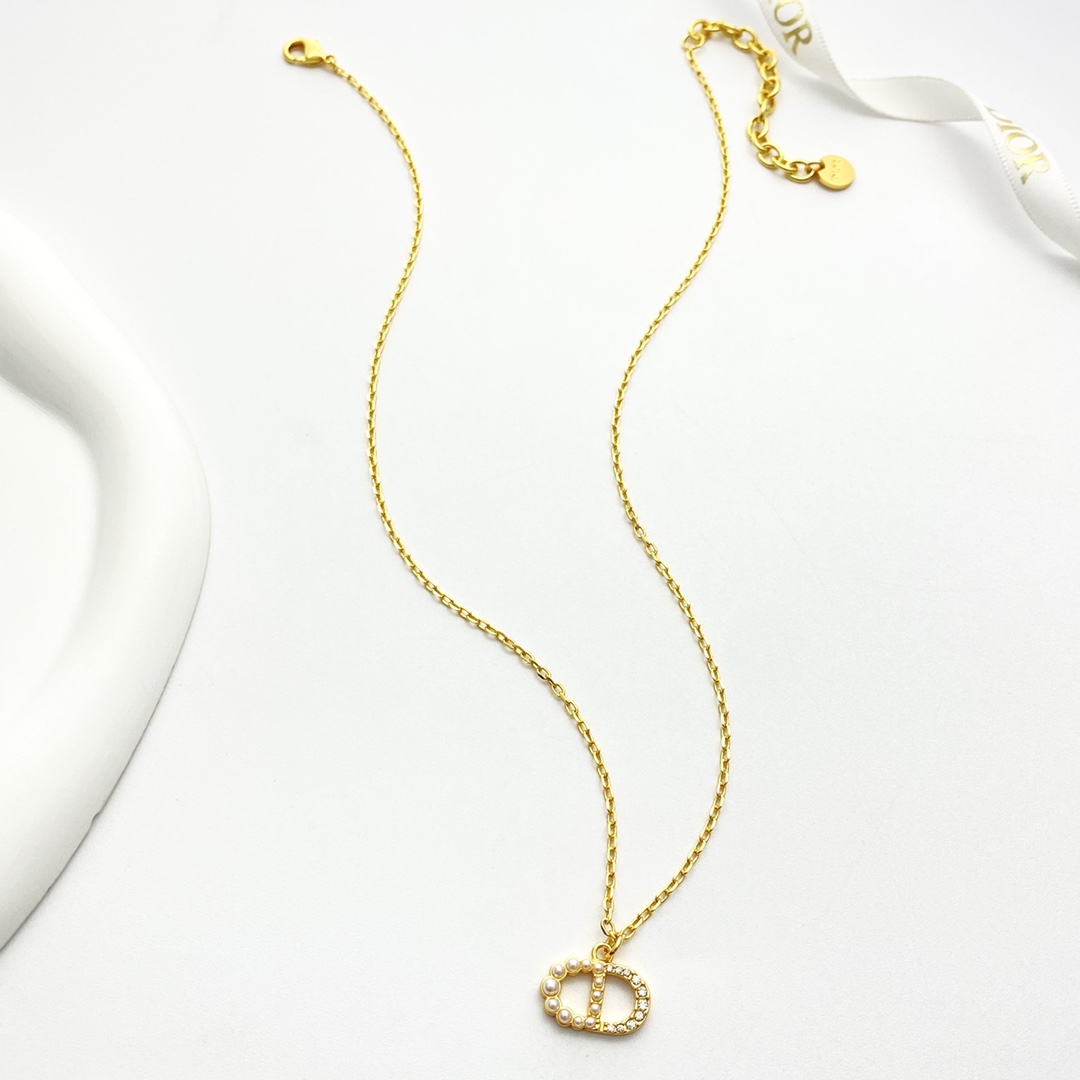Dior Petit CD necklace gold-tone metal white faux pearl clear crystal 42cm with 5cm extender
