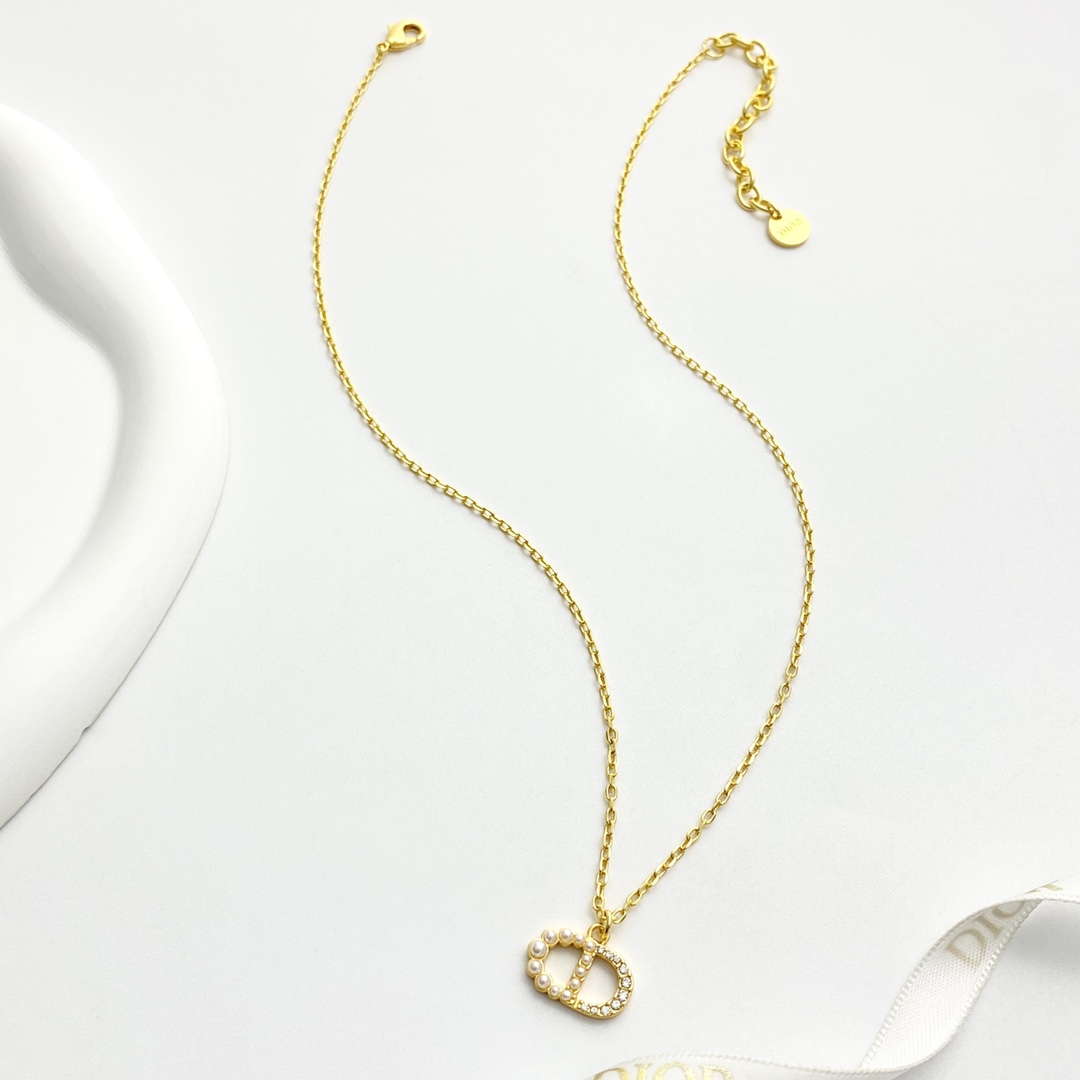 Dior Petit CD necklace gold-tone metal white faux pearl clear crystal 42cm with 5cm extender