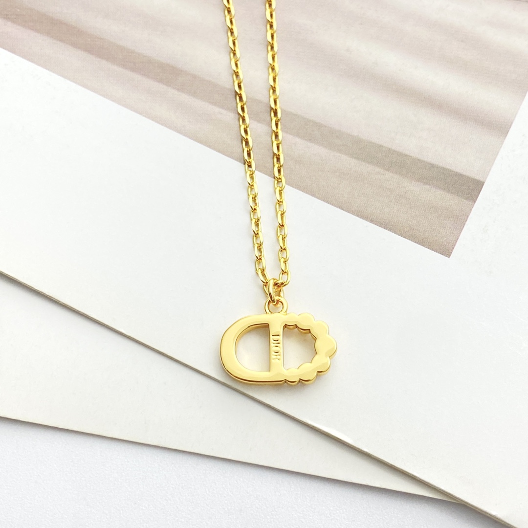 Dior Petit CD necklace gold-tone metal white faux pearl clear crystal 42cm with 5cm extender