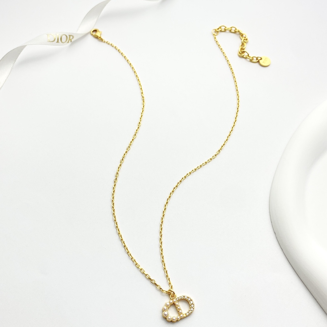 Dior Petit CD necklace gold-tone metal white faux pearl clear crystal 42cm with 5cm extender