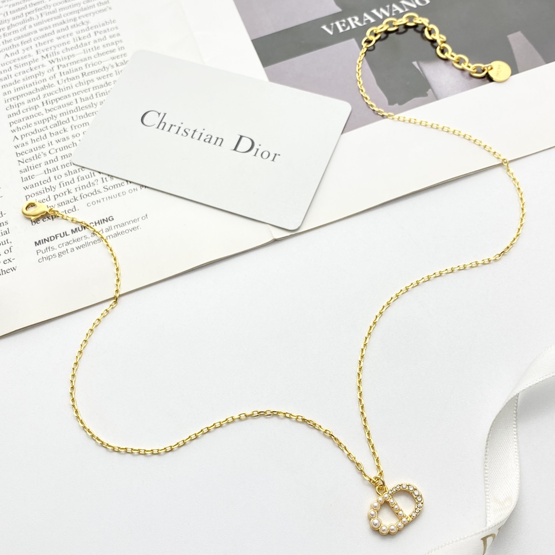 Dior Petit CD necklace gold-tone metal white faux pearl clear crystal 42cm with 5cm extender