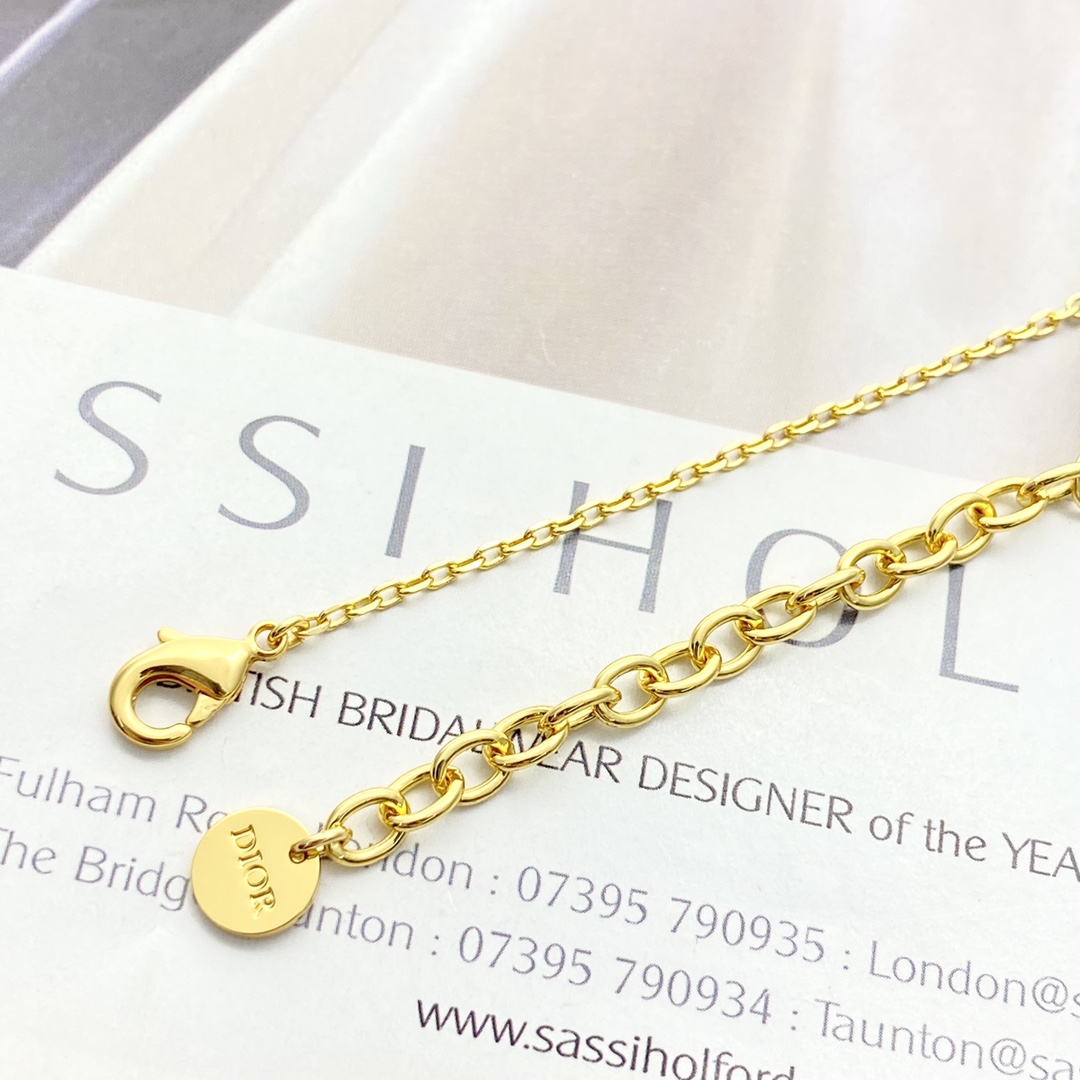 Dior Petit CD necklace gold-tone metal white faux pearl clear crystal 42cm with 5cm extender