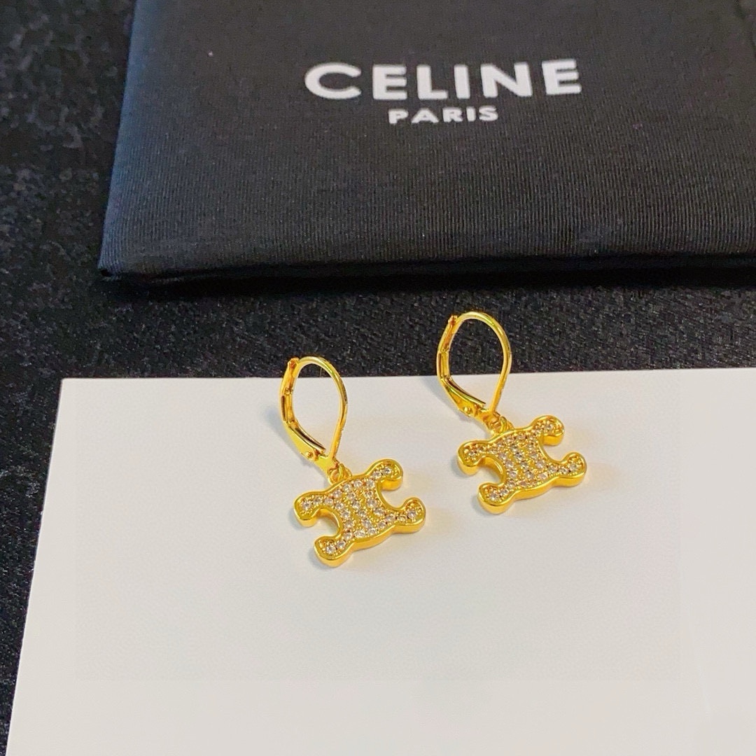 Celine Triomphe Crystal Drop Earrings earrings gold-tone metal with clear crystal accents 1 5cm drop length
