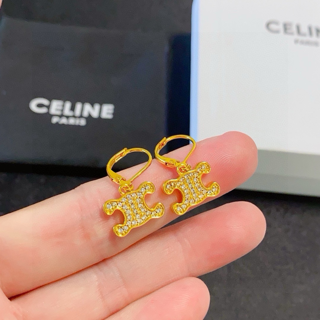 Celine Triomphe Crystal Drop Earrings earrings gold-tone metal with clear crystal accents 1 5cm drop length