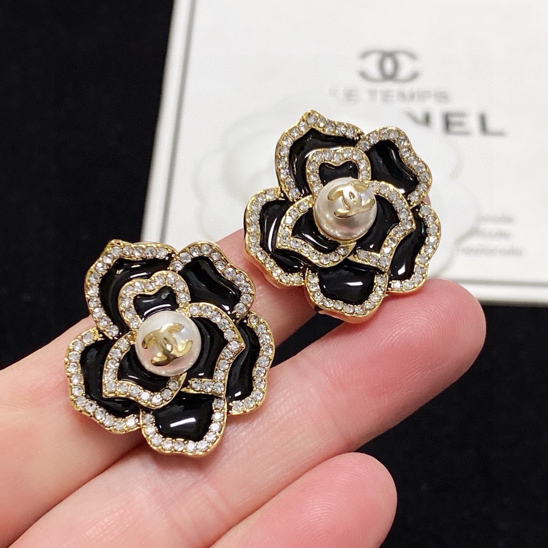 Chanel Camellia CC Stud Earrings earrings gold tone metal black enamel clear crystal white faux pearl 2cm diameter