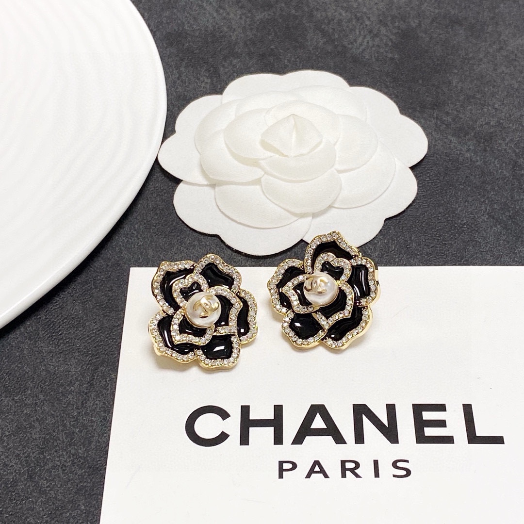 Chanel Camellia CC Stud Earrings earrings gold tone metal black enamel clear crystal white faux pearl 2cm diameter