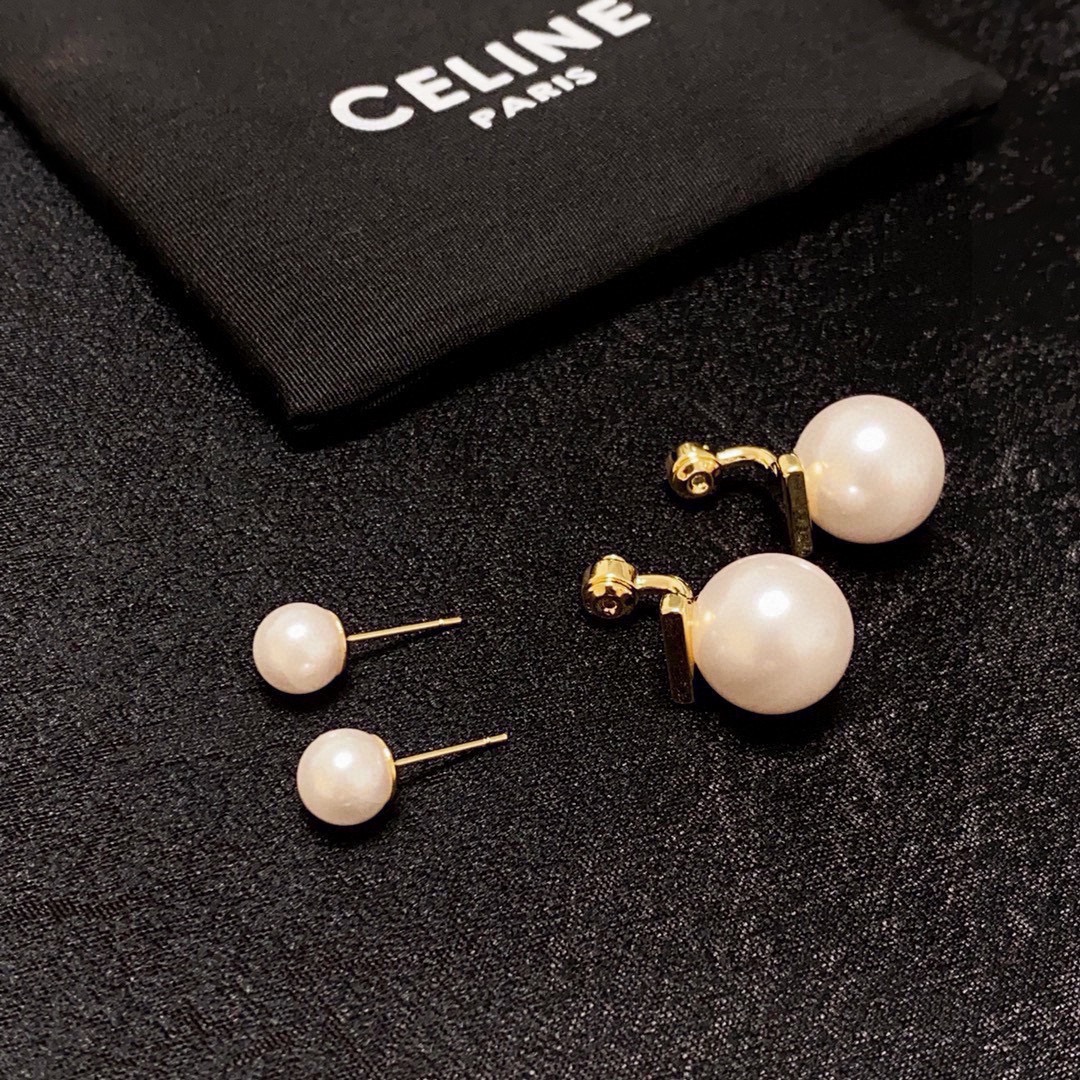 Celine Double Pearl Drop Earrings earrings Gold-tone metal with creamy white faux pearls One size large pearl approx 16mm diameter small pearl approx 8mm