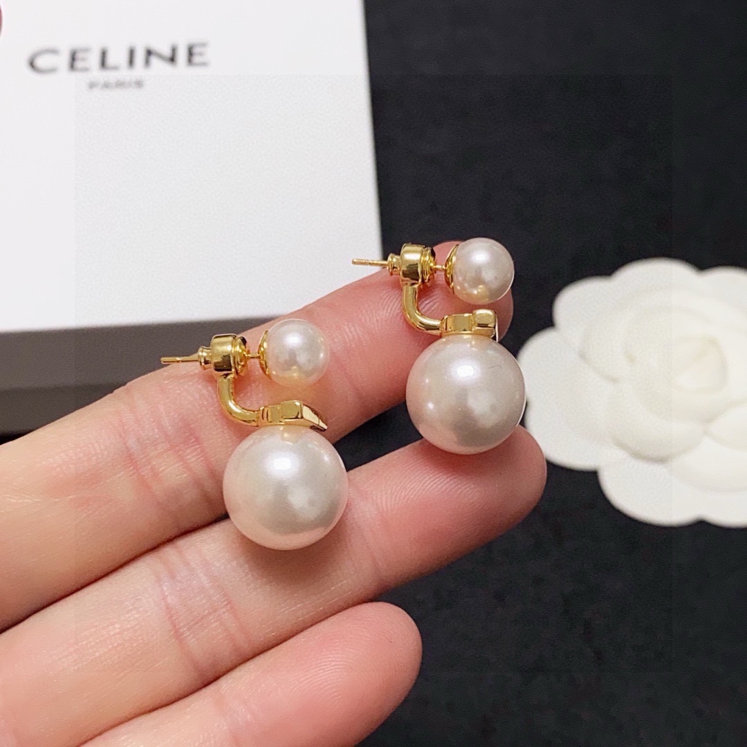 Celine Double Pearl Drop Earrings earrings Gold-tone metal with creamy white faux pearls One size large pearl approx 16mm diameter small pearl approx 8mm
