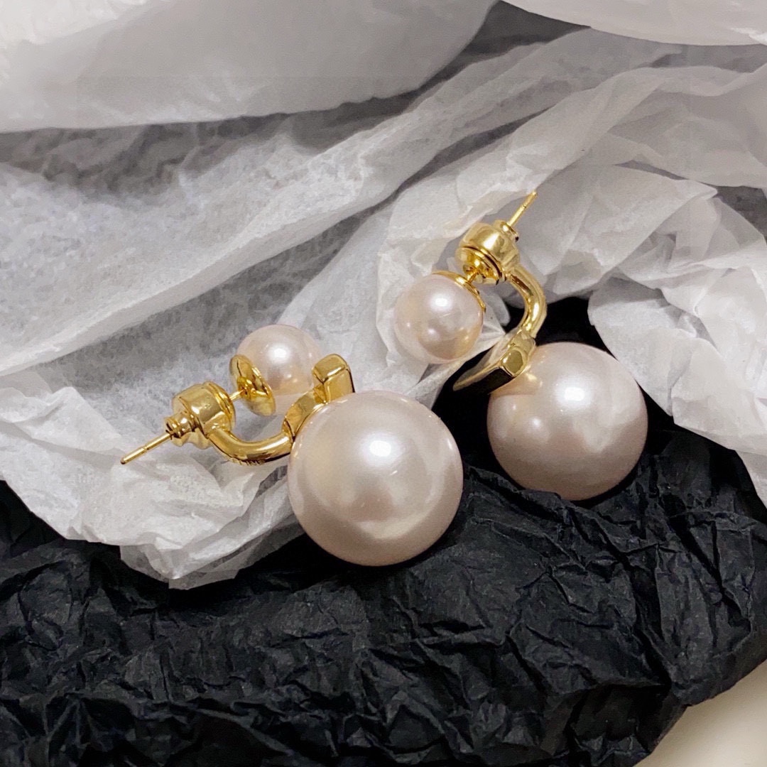 Celine Double Pearl Drop Earrings earrings Gold-tone metal with creamy white faux pearls One size large pearl approx 16mm diameter small pearl approx 8mm