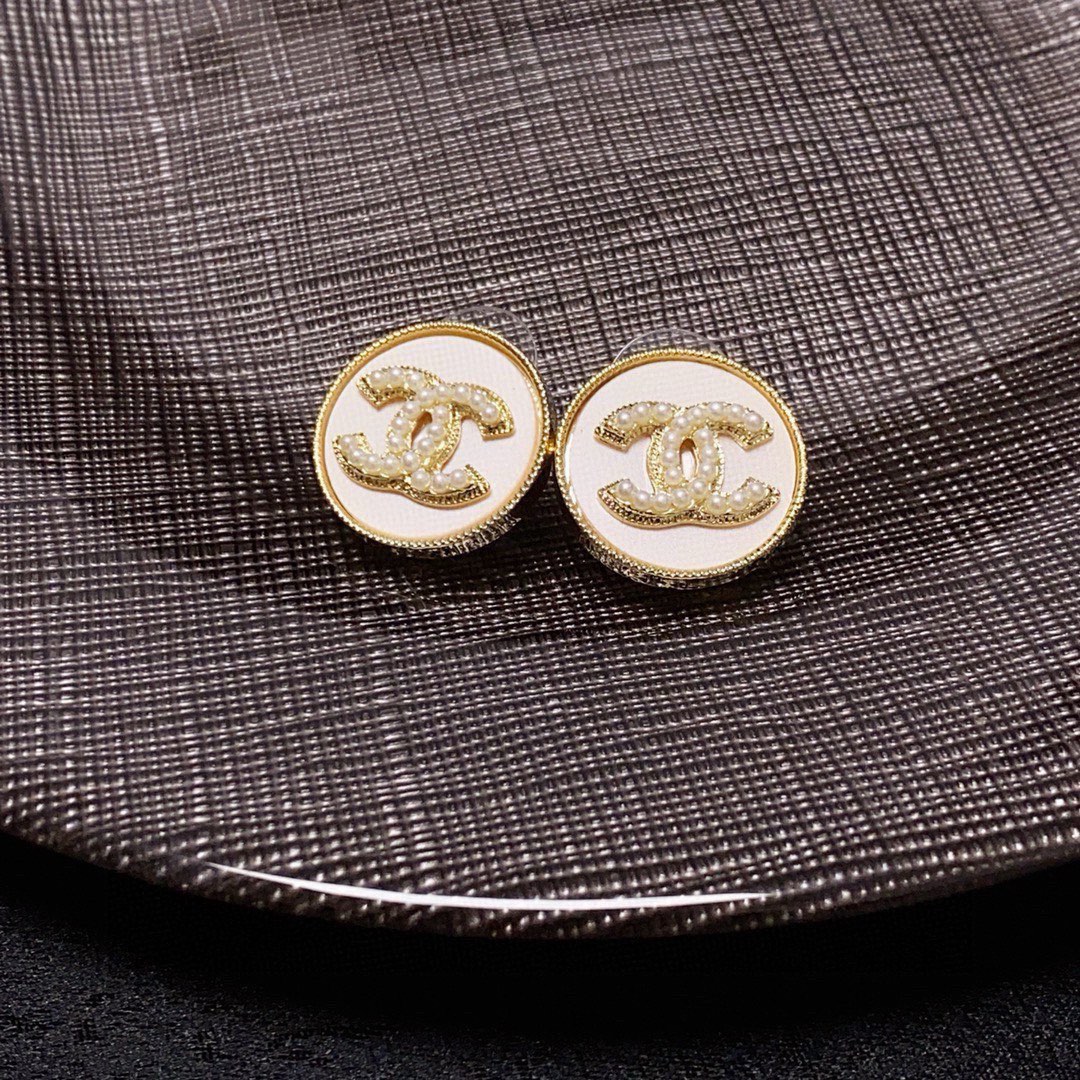 Chanel CC Logo Round Button Stud Earrings earrings Gold-tone metal with cream enamel and faux pearl detailing One Size 1 5cm diameter
