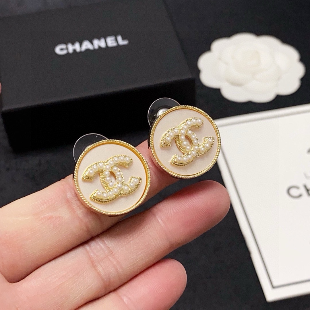 Chanel CC Logo Round Button Stud Earrings earrings Gold-tone metal with cream enamel and faux pearl detailing One Size 1 5cm diameter