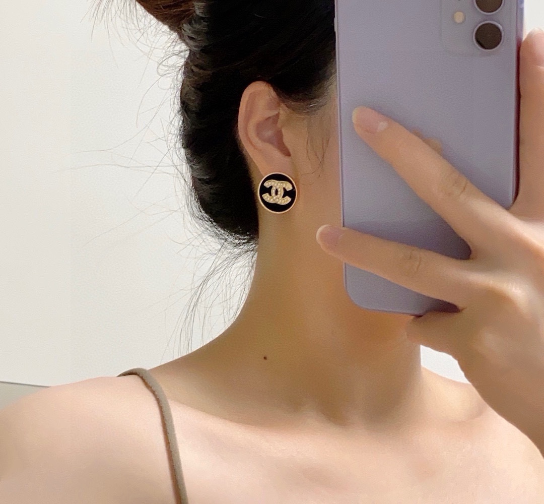 Chanel CC Logo Round Button Stud Earrings earrings Gold-tone metal with cream enamel and faux pearl detailing One Size 1 5cm diameter