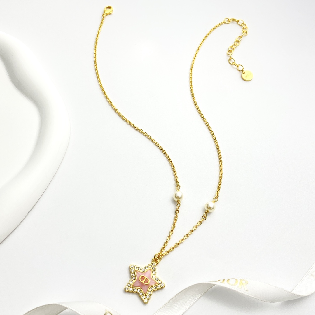 Dior Petit CD Star Pearl Necklace N1173 necklace gold-tone metal pink enamel clear crystal white faux pearl 42cm with 5cm extender chain
